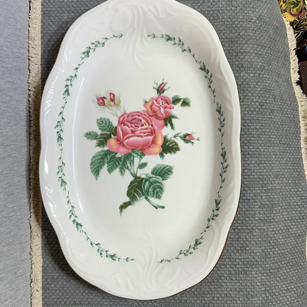 Gibson Floral Pink Victorian Rose China Oval Serving Platter Scallop Cottagecore